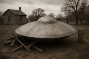 Ein metallisches UFO im Stil einer fliegenden Untertasse liegt auf dem Boden neben einem Haufen hölzerner Trümmer und erinnert an Aurora 1897, mit einem rustikalen Holzhaus und blattlosen Bäumen im Hintergrund unter einem bewölkten Himmel.