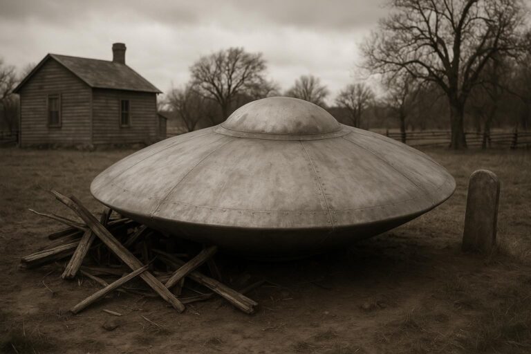 Ein metallisches UFO im Stil einer fliegenden Untertasse liegt auf dem Boden neben einem Haufen hölzerner Trümmer und erinnert an Aurora 1897, mit einem rustikalen Holzhaus und blattlosen Bäumen im Hintergrund unter einem bewölkten Himmel.