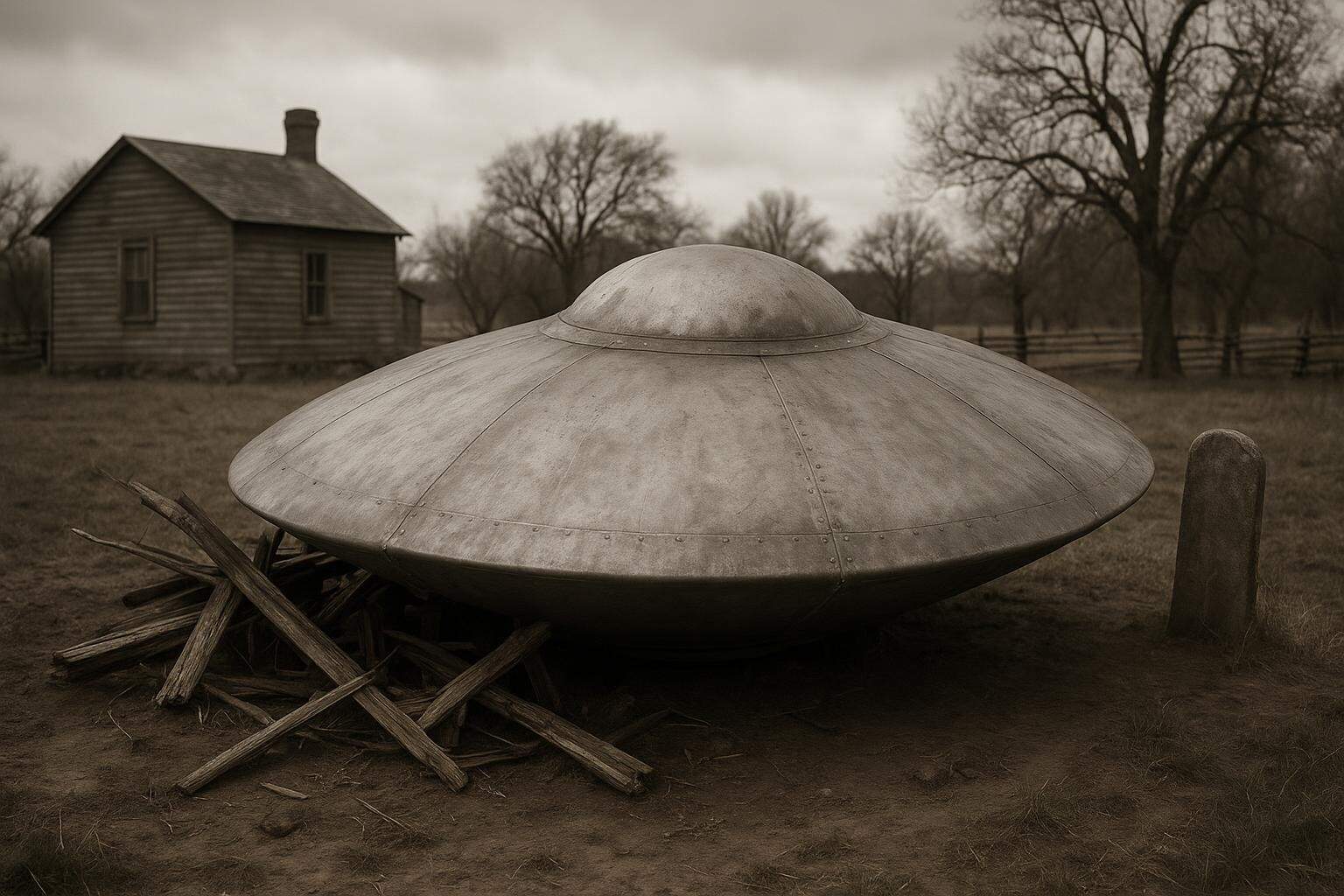 Ein metallisches UFO im Stil einer fliegenden Untertasse liegt auf dem Boden neben einem Haufen hölzerner Trümmer und erinnert an Aurora 1897, mit einem rustikalen Holzhaus und blattlosen Bäumen im Hintergrund unter einem bewölkten Himmel.