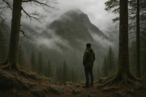 Eine Person in einer Jacke steht auf einem felsigen Waldweg und blickt auf einen nebelverhangenen, baumbestandenen Berg, der von hohen Kiefern umrahmt wird - eine Anspielung auf das stimmungsvolle, heitere Wesen von Stimmen im Eisenberg.