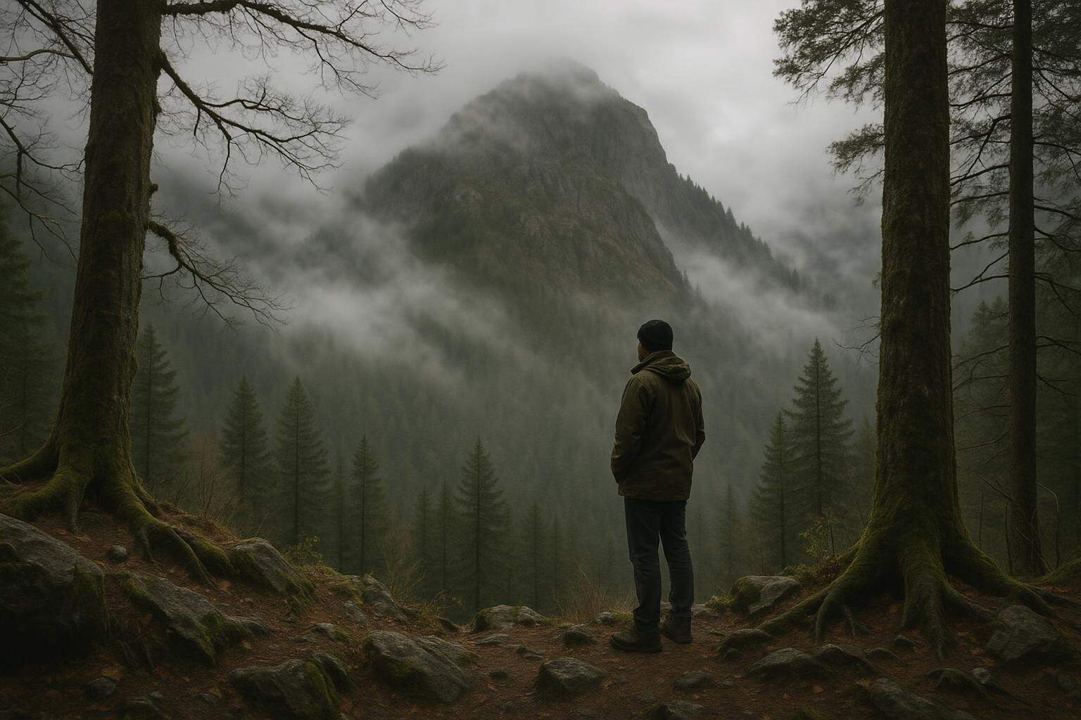 Eine Person in einer Jacke steht auf einem felsigen Waldweg und blickt auf einen nebelverhangenen, baumbestandenen Berg, der von hohen Kiefern umrahmt wird - eine Anspielung auf das stimmungsvolle, heitere Wesen von Stimmen im Eisenberg.