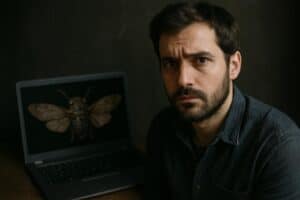 Ein Mann mit ernster Miene sitzt neben einem Laptop, auf dem vor einem dunklen Hintergrund ein großes, detailliertes Mottenbild zu sehen ist, das an ein Cicada 3301-Puzzle erinnert.